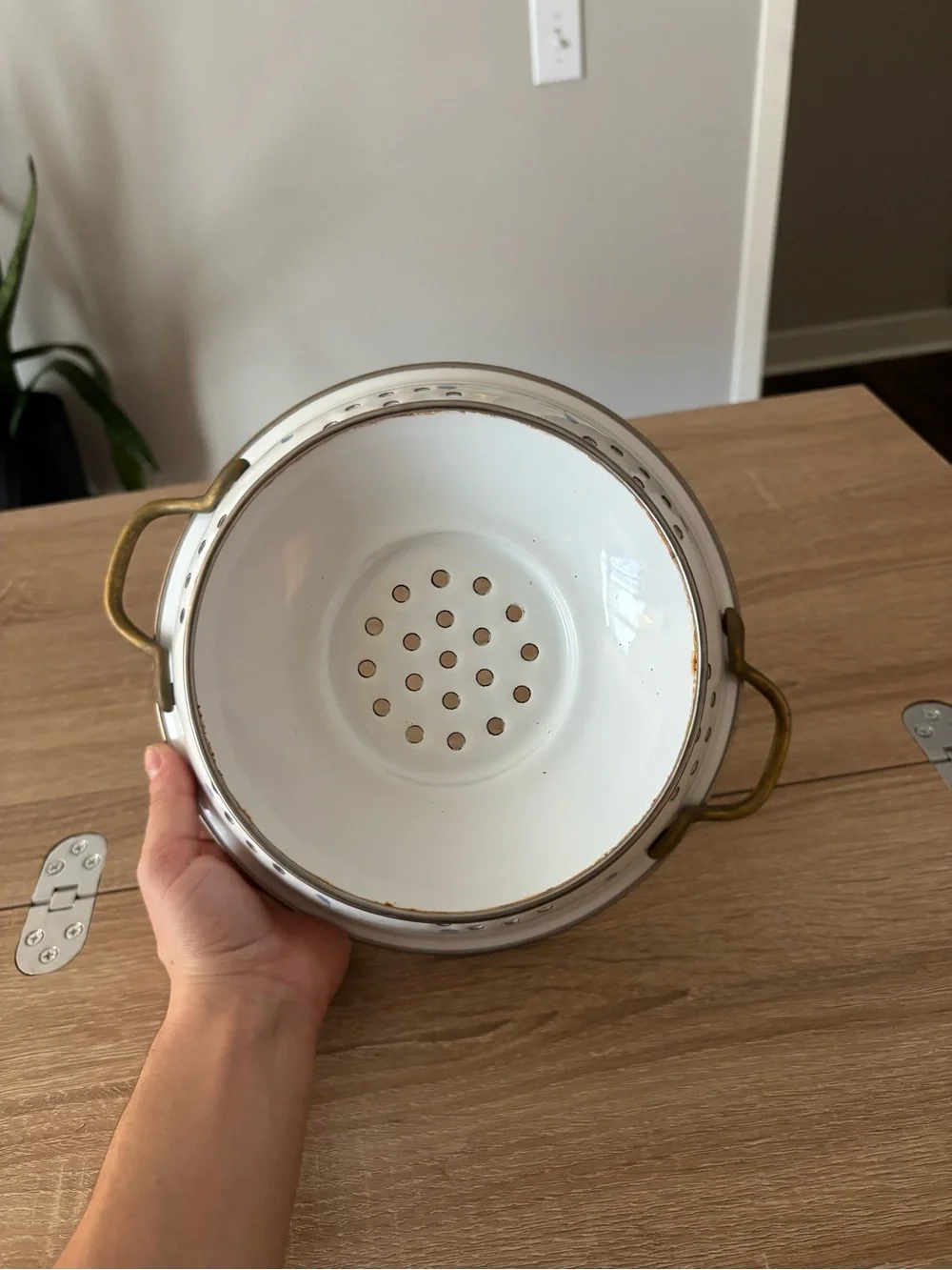 Vintage Decorative Colander with Pink & Green Floral Trim and Brass Handles
